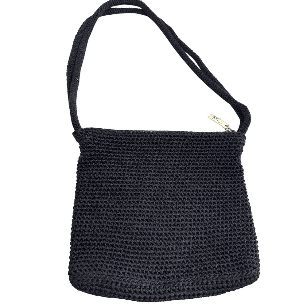The Sak Black Crochet Knit Hobo Shoulder Bag Leather Trim Boho Slouch Purse OS